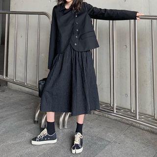 Diagonal Button Jacket / Pinstriped A-line Midi Skirt