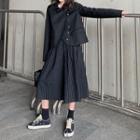 Diagonal Button Jacket / Pinstriped A-line Midi Skirt