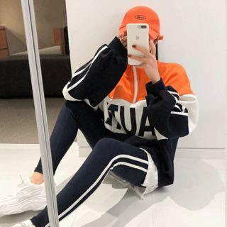 Set: Zip-detail Color-block Pullover + Contrast-trim Leggings
