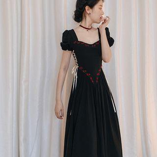 Puff-sleeve Lace Up Flower Print Midi Corset Dress