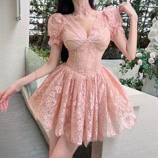 Set: Puff-sleeve Lace Mini A-line Dress + Choker