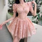 Set: Puff-sleeve Lace Mini A-line Dress + Choker