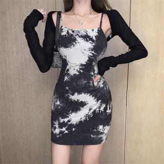 Spaghetti-strap Tie-dyed Mini Sheath Dress / Long-sleeve Crop Top
