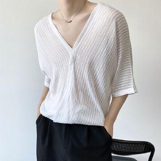 Elbow Sleeve V-neck Sheer T-shirt