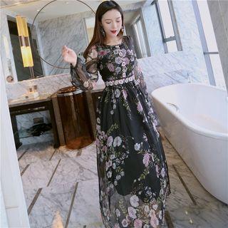Long-sleeve Floral Print Chiffon Maxi Dress