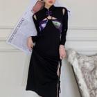 Long-sleeve Printed Strappy Sheath Dress