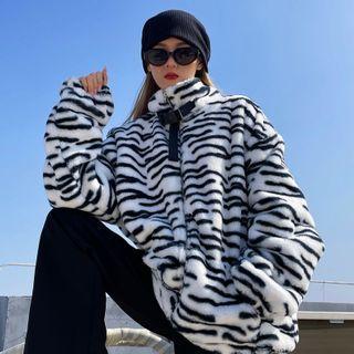 Zebra-stripe Belted Fleece Zip Jacket
