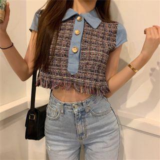 Color Block Fringed Tweed Cropped Top Blue - One Size