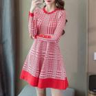 Houndstooth Long-sleeve A-line Knit Dress Red - One Size