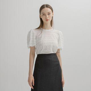 Puff-sleeve Round-neck Embossed Top