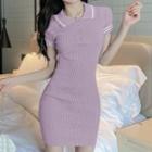 Short-sleeve Polo Collar Plain Button-up Slim Fit Knit Dress