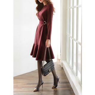 Faux-pearl Belted Ruffle-hem Midi Dress