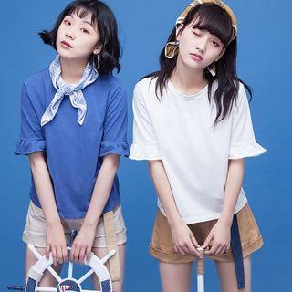 Plain Loose-fit Ruffle Short-sleeve T-shirt