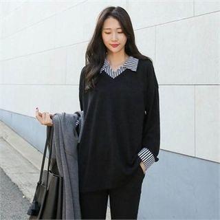 Inset V-neck Knit Top Stipe Shirt