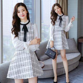 Mock Two-piece Long-sleeved Tie-waist Gingham A-line Sheath Dress