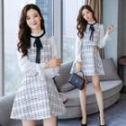 Mock Two-piece Long-sleeved Tie-waist Gingham A-line Sheath Dress