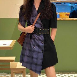 Plaid Panel Short-sleeve A-line Shirt Dress / Belt