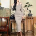 Long-sleeve Cold Shoulder Knit Midi Sheath Dress Oatmeal - One Size