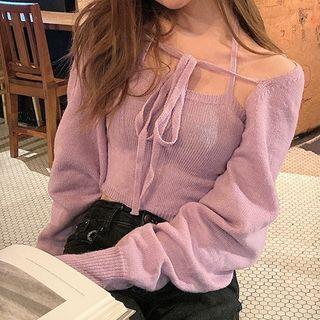 Knit Camisole Top / Tie-strap Cropped Cardigan