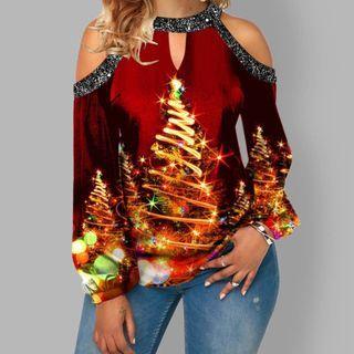 Cold-shoulder Christmas Tree Print Blouse