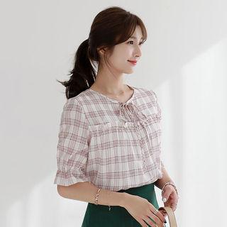 Tie-neck Frill-trim Plaid Blouse