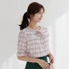 Tie-neck Frill-trim Plaid Blouse