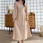 Shirred-neck Buttoned Long Dress