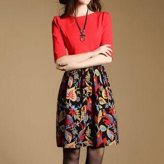 Floral Print Elbow-sleeve A-line Dress
