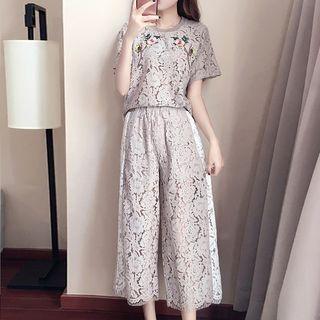 Set: Short-sleeve Lace Top + Wide-leg Lace Pants