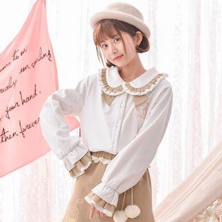 Embroidered Frilled Peter Pan Collar Blouse White - S
