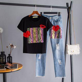 Set: Short-sleeve Sequined T-shirt + Ripped Jeans