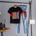 Set: Short-sleeve Sequined T-shirt + Ripped Jeans