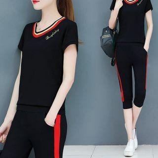 Set: Short-sleeve Letter Embroidered T-shirt + Striped Shorts