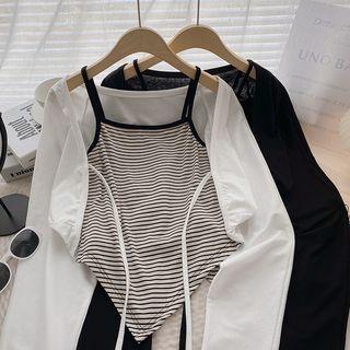 Set: Long-sleeve Plain Cardigan + Asymmetrical Striped Camisole Top