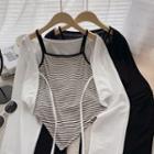 Set: Long-sleeve Plain Cardigan + Asymmetrical Striped Camisole Top