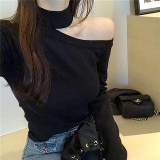 Long-sleeve Asymmetric Shoulder Halter Top