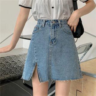 Half-zip Frayed Denim Mini A-line Skirt