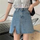 Half-zip Frayed Denim Mini A-line Skirt