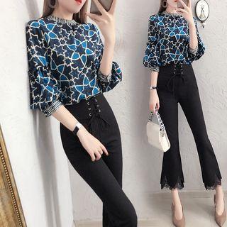 Set: Print Balloon-sleeve Blouse + Lace Panel Boot Cut Pants