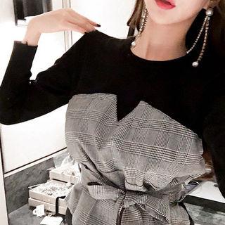 Plaid Panel Knit Top With Sash