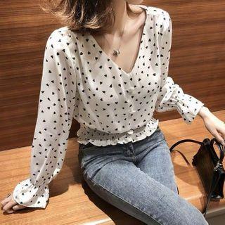 Heart Print Long-sleeve V-neck Blouse