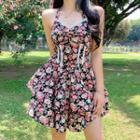 Halter-neck V-neck Lace-trim Floral Print Layered Mini A-line Dress