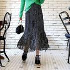 Band-waist Polka-dot Crinkled Long Skirt