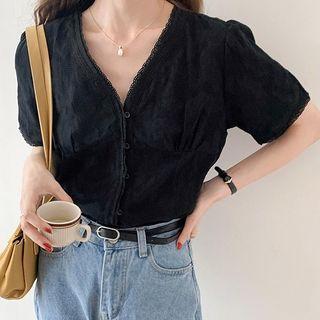 Short-sleeve V-neck Lace Trim Shirt