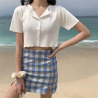 Short-sleeve Plain Knit Cropped Top