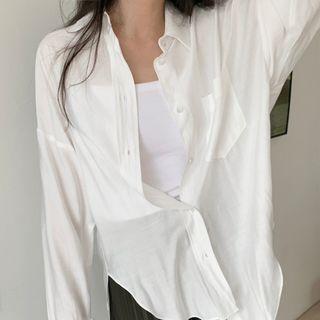Long-sleeve Plain Shirt Shirt - White - One Size