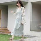 Set: Spaghetti-strap Plain Chiffon Long Dress + Sheer Leaf Printed Chiffon Cardigan Green - One Size
