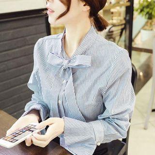 Bell-sleeve Bow-accent Pinstripe Shirt