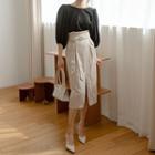Paperbag-waist Slit Long Herringbone Skirt