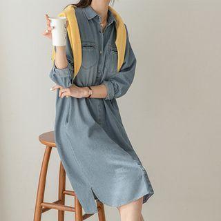 Half-placket Washed Midi Denim Shirtdress
